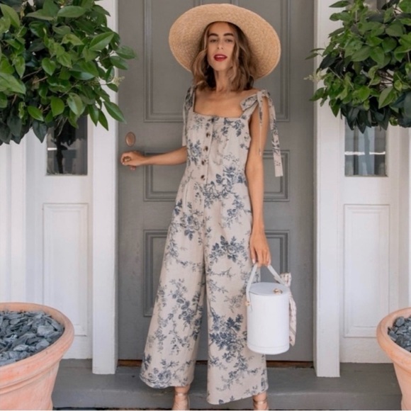 Gal Meets Glam Magnolia Floral Linen Blend Tie Sleeve Jumpsuit Size 4 - Picture 3 of 11